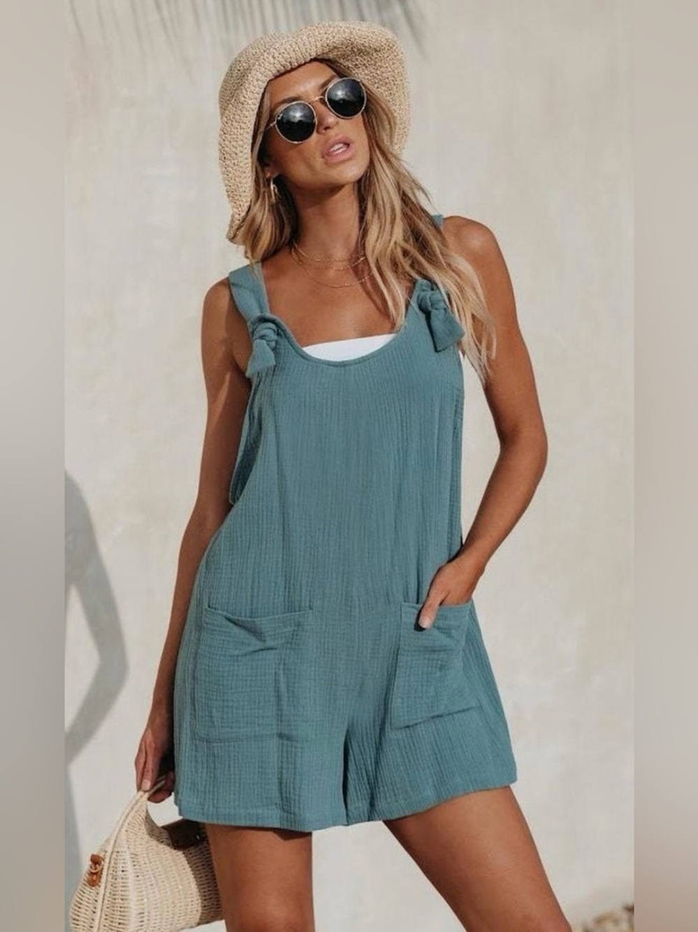 Lightweight Cotton Romper in Dusty Teal
